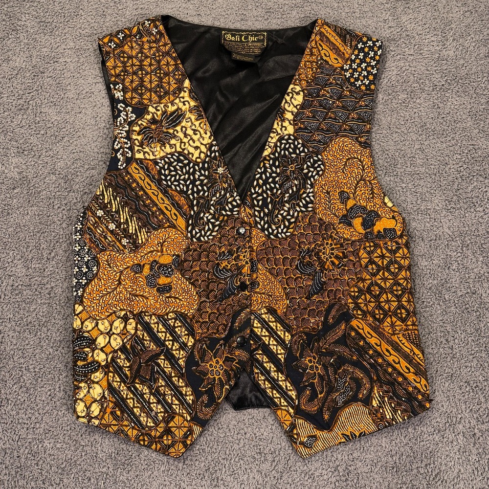 VTG Bali Chic Vest Womens One Size Black Gold Beaded Boho Statement‎ Art To Wear